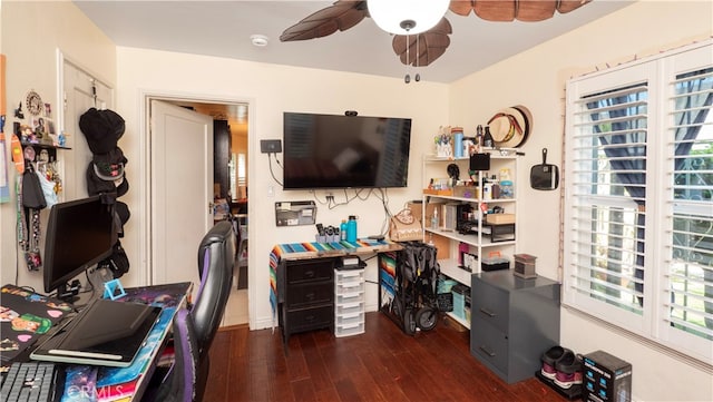 office space featuring ceiling fan and dark hardwood / wood-style flooring