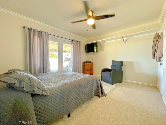 bedroom featuring french doors, access to exterior, ornamental molding, carpet, and ceiling fan