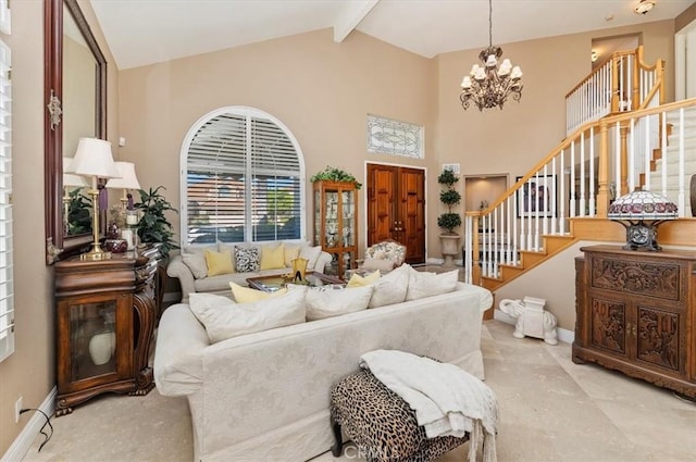 living room featuring a notable chandelier and lofted ceiling with beams