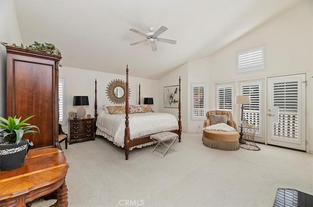 carpeted bedroom with access to outside, ceiling fan, and high vaulted ceiling