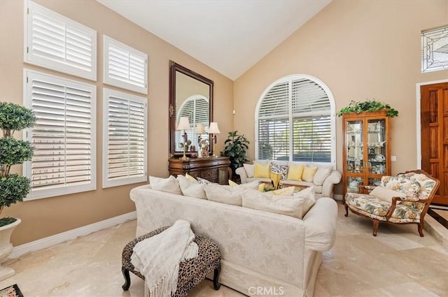 living room featuring high vaulted ceiling