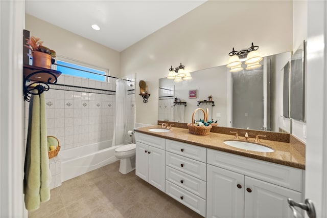 full bathroom with vanity, toilet, shower / tub combo, and tile patterned floors