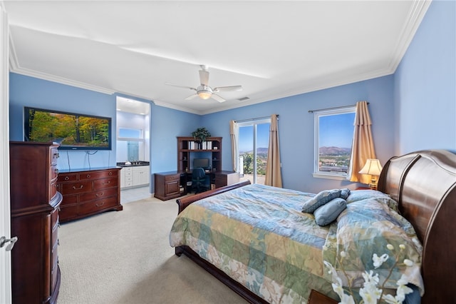 bedroom with ceiling fan, crown molding, and light carpet