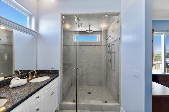 bathroom with vanity, a healthy amount of sunlight, and a shower with door