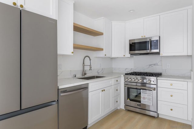 kitchen with white cabinetry, light hardwood / wood-style floors, appliances with stainless steel finishes, and sink