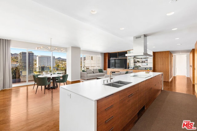 kitchen featuring a center island with sink, sink, exhaust hood, and plenty of natural light