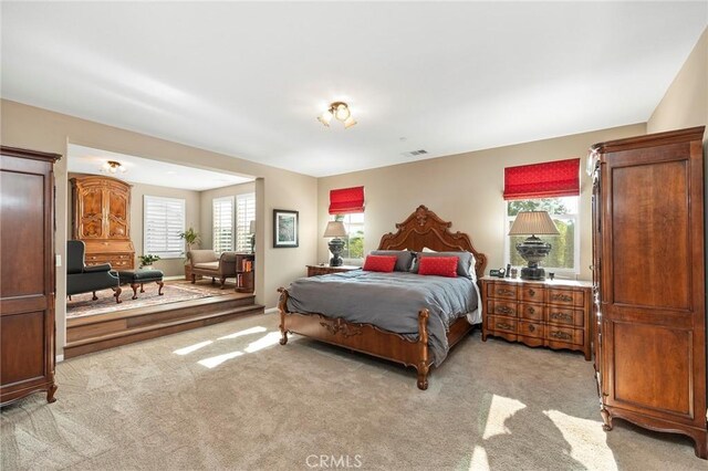 carpeted bedroom featuring multiple windows