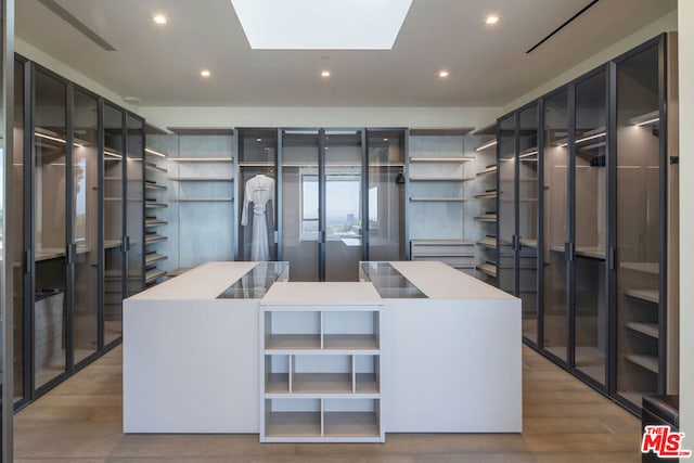 spacious closet featuring hardwood / wood-style floors and a skylight