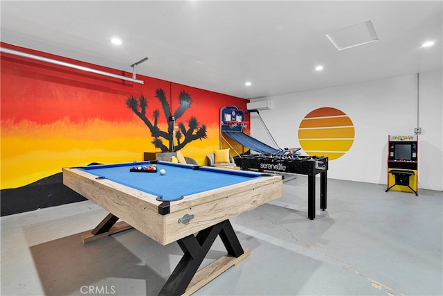 recreation room featuring billiards, a wall mounted AC, and concrete floors