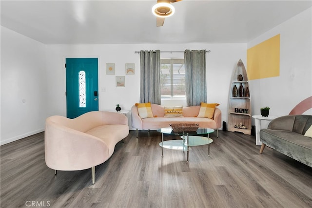 living room with ceiling fan and hardwood / wood-style floors