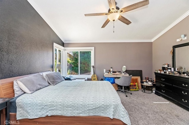 bedroom featuring ornamental molding and ceiling fan