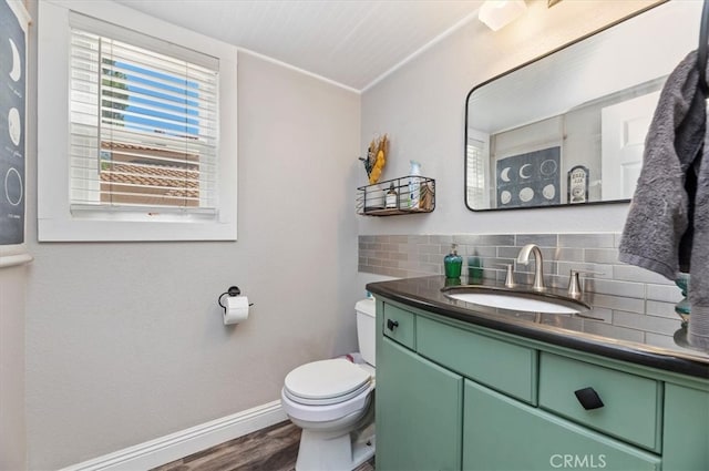 bathroom with vanity, tasteful backsplash, toilet, and wood-type flooring