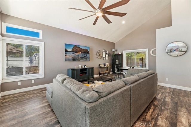 living room featuring hardwood / wood-style flooring, high vaulted ceiling, ceiling fan, and a wealth of natural light