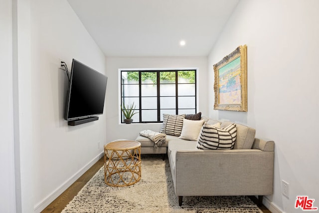 living room featuring wood-type flooring and vaulted ceiling