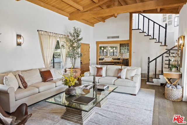 living room featuring beamed ceiling, hardwood / wood-style flooring, high vaulted ceiling, and wooden ceiling