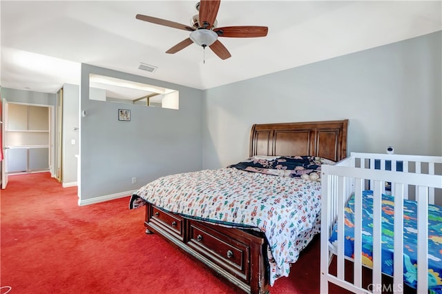 bedroom featuring ceiling fan and carpet floors