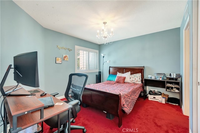 carpeted bedroom with an inviting chandelier