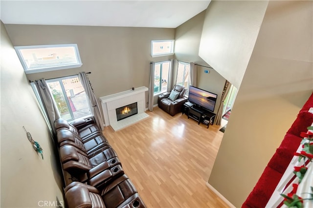 living room with hardwood / wood-style flooring, a tiled fireplace, and plenty of natural light