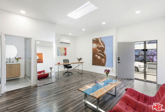 living room featuring a skylight, sink, dark hardwood / wood-style flooring, and a wall mounted AC