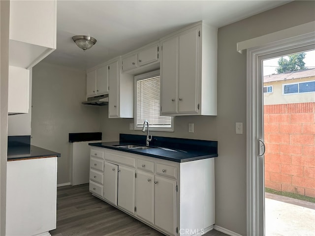 kitchen with dark hardwood / wood-style floors, white cabinetry, and sink