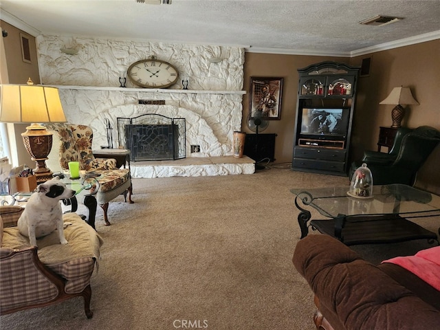 living room with a fireplace, a textured ceiling, carpet floors, and crown molding