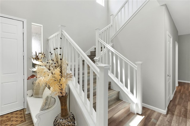 stairs with hardwood / wood-style flooring