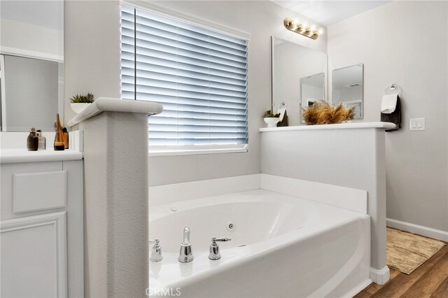 bathroom with wood-type flooring and a washtub