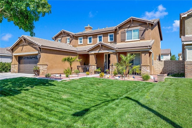 craftsman-style home with a porch, a garage, and a front yard