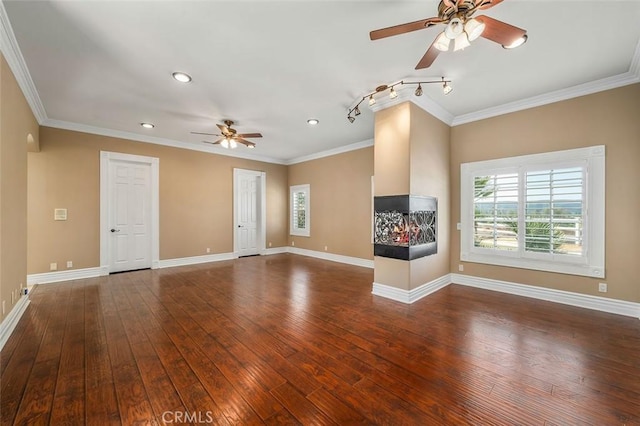 unfurnished living room with dark hardwood / wood-style floors, ceiling fan, and crown molding