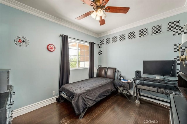 bedroom with ceiling fan, dark wood-type flooring, and ornamental molding