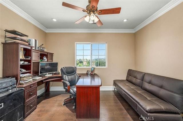 office space with dark hardwood / wood-style flooring, ceiling fan, and crown molding