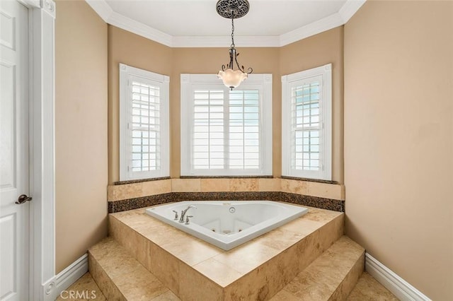 bathroom featuring a relaxing tiled tub and ornamental molding