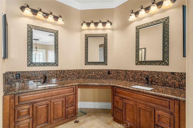 bathroom with tile patterned floors, vanity, and ornamental molding