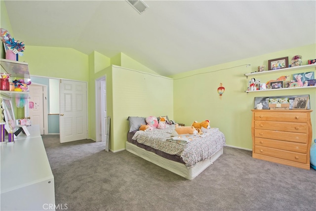 bedroom featuring carpet floors and lofted ceiling