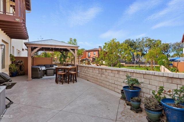 view of patio / terrace with a gazebo and outdoor lounge area