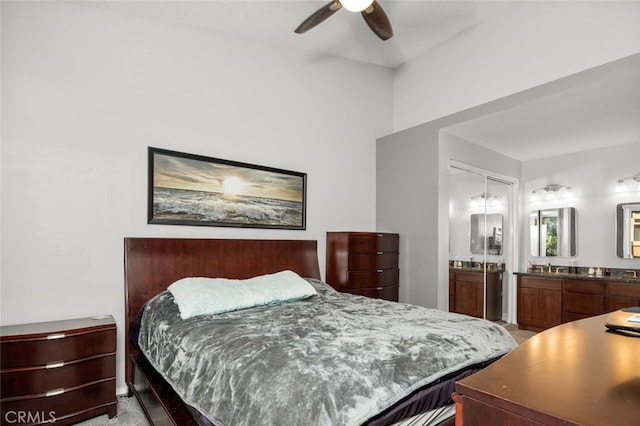 bedroom with ceiling fan and a closet