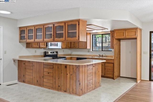 kitchen with sink, kitchen peninsula, stainless steel electric stove, and a textured ceiling