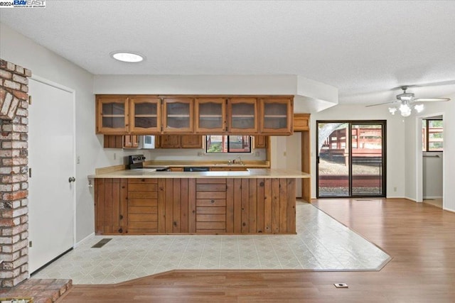 kitchen featuring electric range, sink, kitchen peninsula, light hardwood / wood-style flooring, and ceiling fan