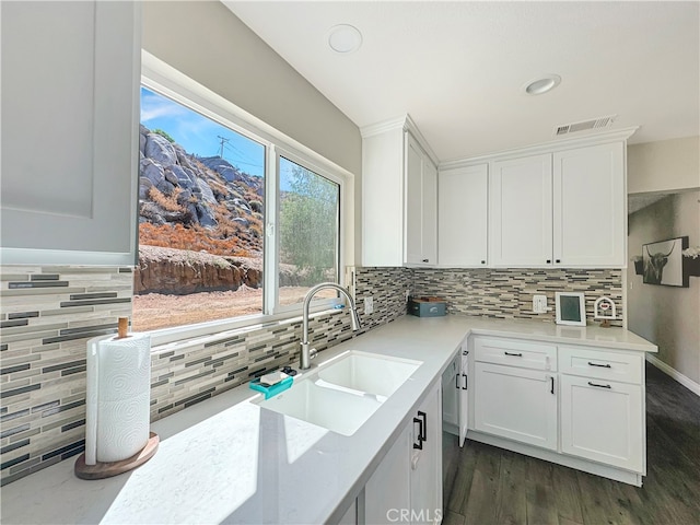 kitchen with backsplash, white cabinetry, sink, and dark hardwood / wood-style flooring