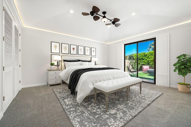 carpeted bedroom with access to exterior, ornamental molding, vaulted ceiling, ceiling fan, and a closet