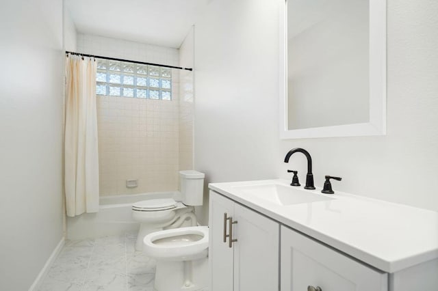 full bathroom with vanity, toilet, shower / bathtub combination with curtain, and a bidet