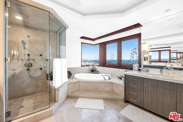 bathroom with vanity, plus walk in shower, a water view, and tile patterned floors