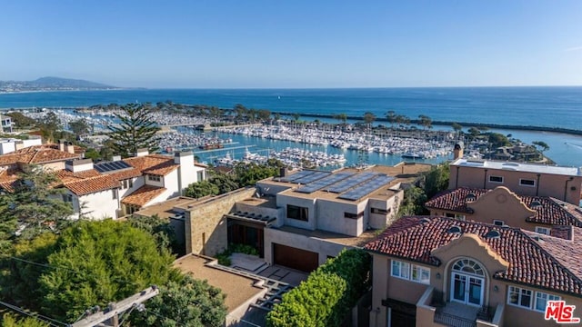 aerial view featuring a water view