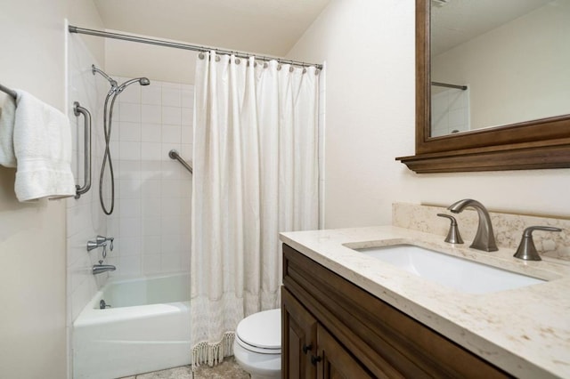 full bathroom featuring vanity, shower / bathtub combination with curtain, and toilet