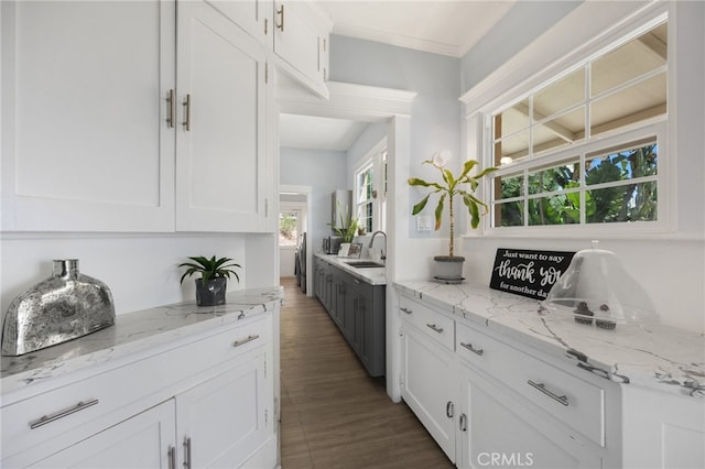 kitchen featuring white cabinetry, sink, dark wood-type flooring, and light stone counters