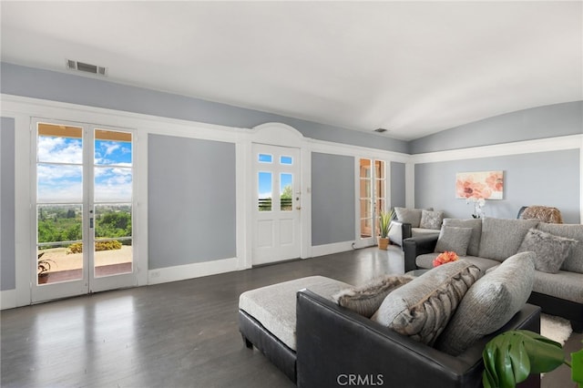 living room with lofted ceiling, dark wood-type flooring, and a wealth of natural light