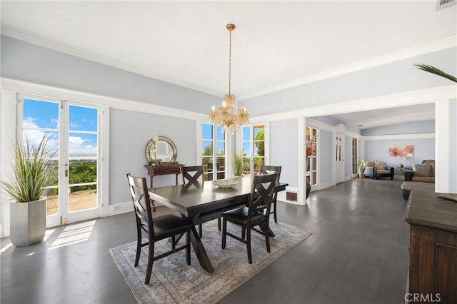 dining area with an inviting chandelier, vaulted ceiling, ornamental molding, and dark hardwood / wood-style flooring