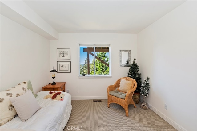 bedroom with light colored carpet