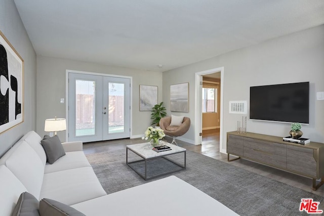 living room featuring french doors, light wood-type flooring, and plenty of natural light