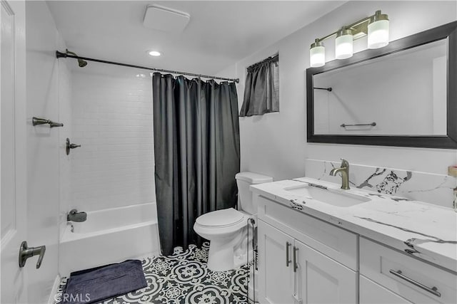 full bathroom featuring toilet, shower / bathtub combination with curtain, tile patterned floors, and vanity